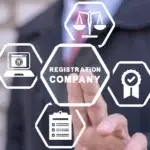 Set up an ApS with Flexum, Businessman using virtual touch screen presses inscription: REGISTRATION COMPANY. Concept of new company online registration. Business start up. Brand building process. Company formation procedure.